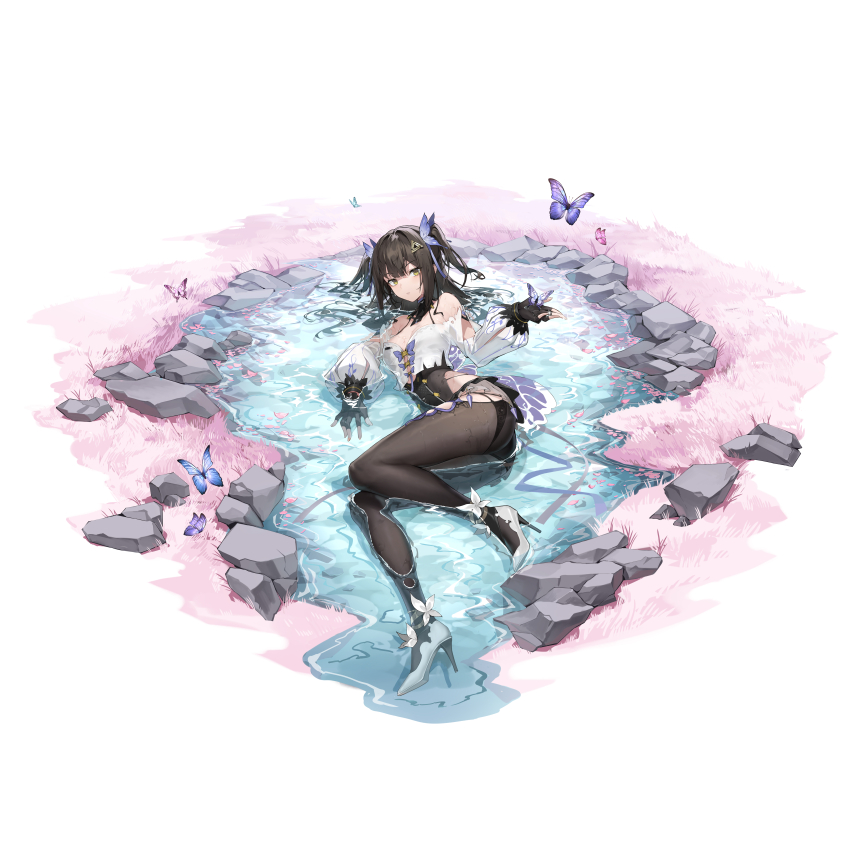 1girl absurdres ass bare_shoulders black_hair black_pantyhose black_shorts blush breasts bug butterfly butterfly_hair_ornament character_request full_body hair_ornament hair_spread_out high_heels highres insect long_hair looking_at_viewer medium_breasts off-shoulder_shirt off_shoulder pantyhose partially_submerged pumps see-through_clothes see-through_shirt shanyao_jiang_tororo shirt shoes short_shorts shorts snowbreak:_containment_zone solo stiletto_heels wet wet_clothes