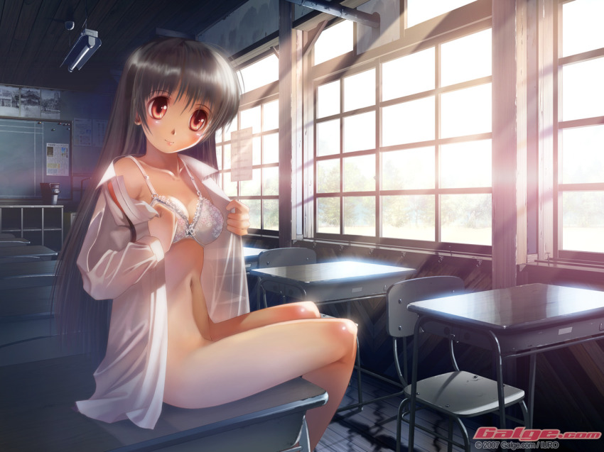 1girl 2007 bottomless bra classroom desk female_focus galge.com indoors iuro lingerie long_hair open_clothes open_shirt red_eyes school school_desk school_uniform serafuku shirt silver_hair solo underwear undressing white_bra