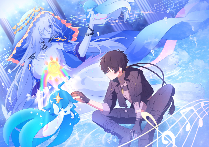 1boy 1girl bandaged_arm bandages black_gloves black_hair black_jacket black_pants blue_hair blue_skin blue_veil breasts closed_mouth collared_jacket colored_skin commentary_request gloves grey_shirt hand_up highres jacket kaerunrun large_breasts long_hair lorelei_(wuthering_waves) male_rover_(wuthering_waves) monster_girl musical_note no_nipples pants rover_(wuthering_waves) shirt sitting smile tacet_discord_(wuthering_waves) veil very_long_hair wuthering_waves yellow_eyes