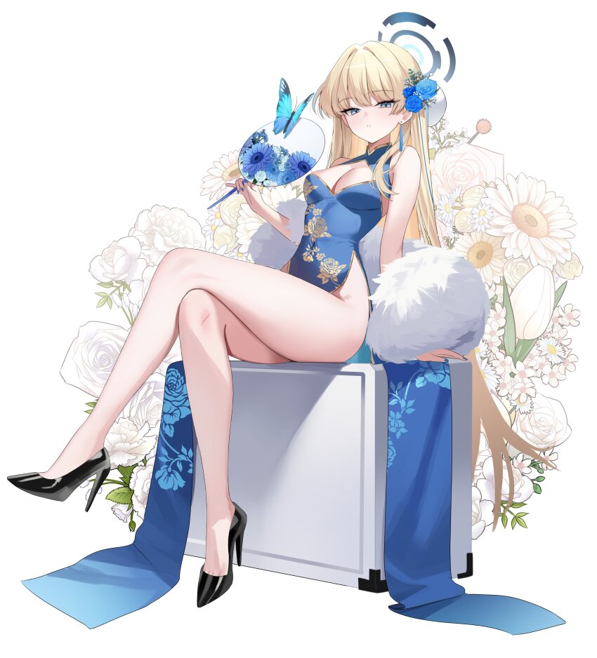 1girl absurdres bare_legs bare_shoulders black_shoes blonde_hair blue_archive blue_dress blue_eyes blue_halo blush breasts bug butterfly cleavage cleavage_cutout closed_mouth clothing_cutout crossed_legs dress fur_shawl halo hand_fan high_heels highres holding holding_fan insect long_dress long_hair looking_at_viewer medium_breasts nannung pelvic_curtain shawl shoes sidelocks sitting sleeveless sleeveless_dress solo toki_(blue_archive)