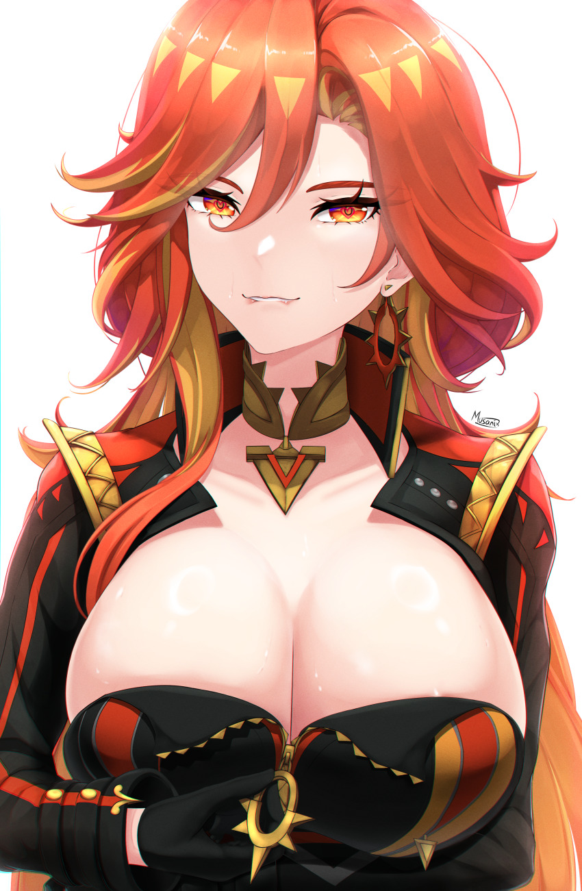 1girl absurdres biting_own_lip black_gloves breasts cleavage commentary earrings genshin_impact gloves heart heart-shaped_pupils highres jewelry large_breasts long_hair looking_at_viewer mavuika_(genshin_impact) multicolored_hair musanix neck_ring popped_collar red_eyes red_hair simple_background single_earring solo streaked_hair symbol-shaped_pupils upper_body very_long_hair white_background zipper_pull_tab