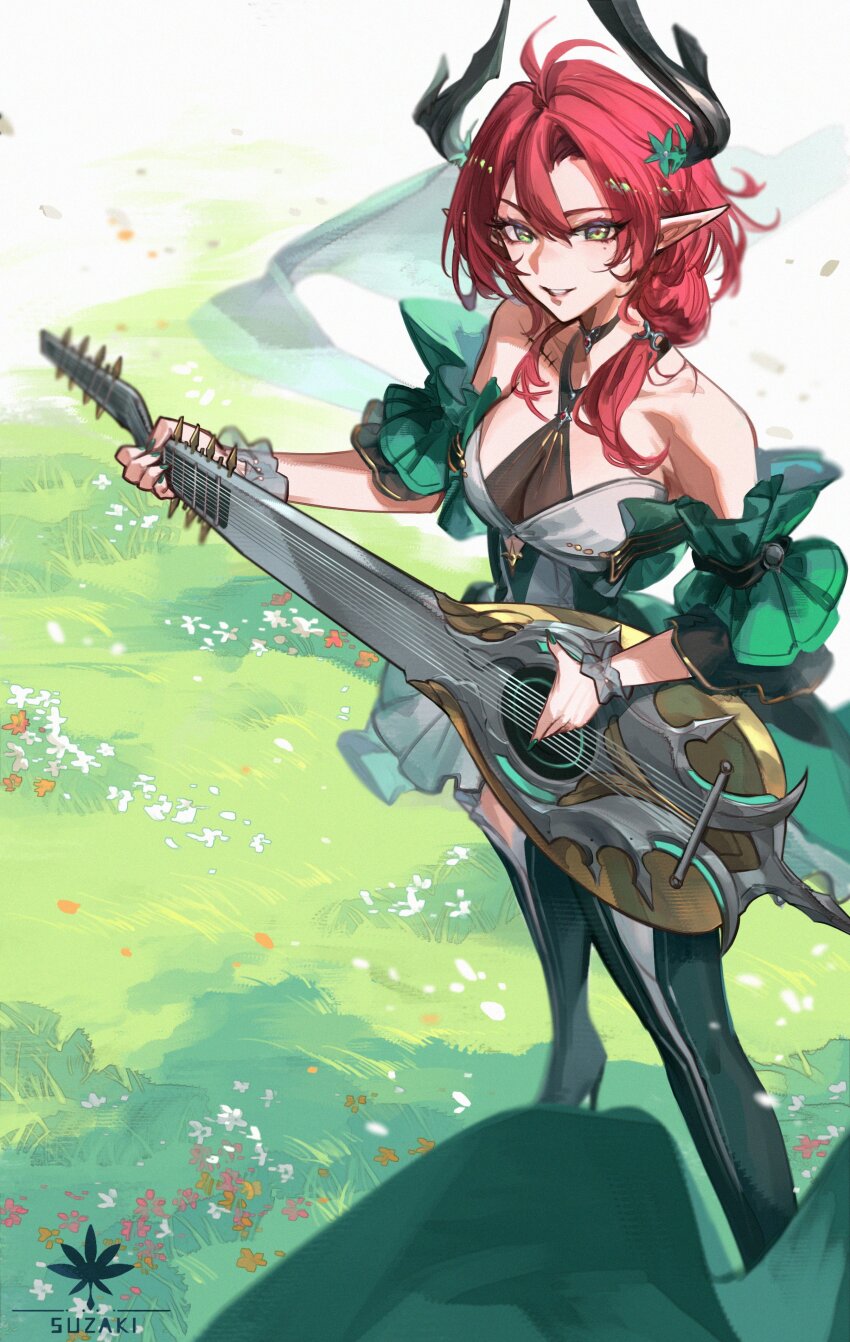 1girl absurdres artist_logo bare_shoulders breasts ciaccona_(wuthering_waves) commentary cowboy_shot dress fingernails grass green_eyes green_jacket green_nails highres holding holding_instrument instrument jacket logo looking_at_viewer medium_breasts medium_hair mole mole_under_eye nail_polish outdoors parted_lips pointy_ears red_hair smile solo standing steve_zheng tacet_mark_(wuthering_waves) tree_horns white_dress wuthering_waves