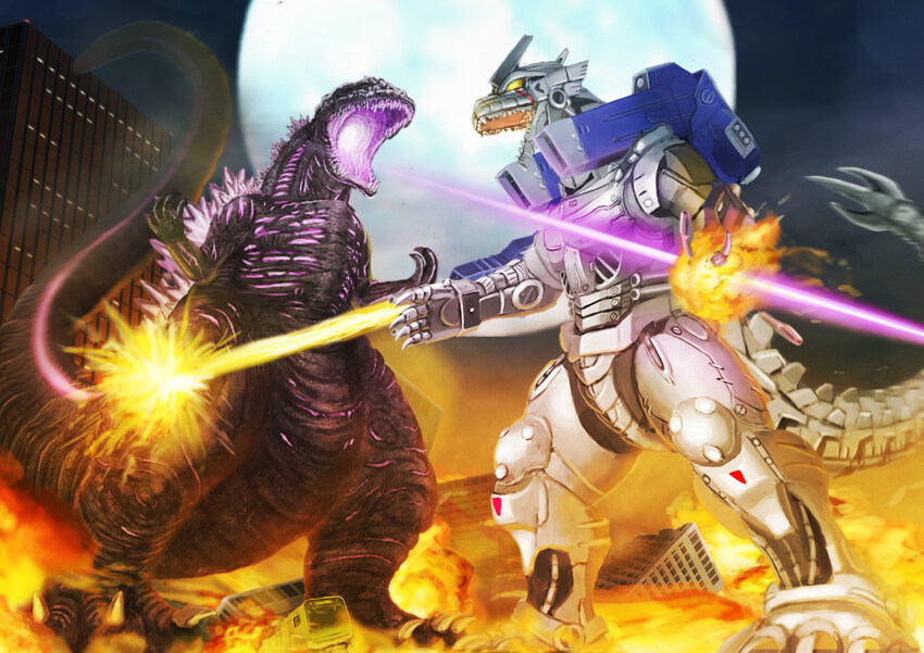 absurdres ammunition_backpack atomic_breath back_unit building bus city claws cyborg destruction directed-energy_weapon energy energy_beam energy_cannon energy_wave explosion fire full_moon giant giant_monster giant_robot glowing glowing_eyes glowing_mouth glowing_spikes godzilla godzilla_(series) godzilla_against_mechagodzilla highres horns jetpack kaiju kiryu_(godzilla) long_tail magnetic_weapon maser_cannon mecha mechagodzilla missile_launcher missile_pod monster moon motor_vehicle mouth_cannon night no_humans no_pupils open_mouth plasma plasma_beam prosthesis prosthetic_arm railgun robot rocket_launcher rocket_pod shin_godzilla shoulder_cannon spiked_tail spikes spiral_claw tail toho trident_tail type-0_railgun type-4_anti-beast_drilling_device type-99_twin_maser_cannon very_long_tail weapon wrist_cannon wrist_gun yamakazema yellow_eyes