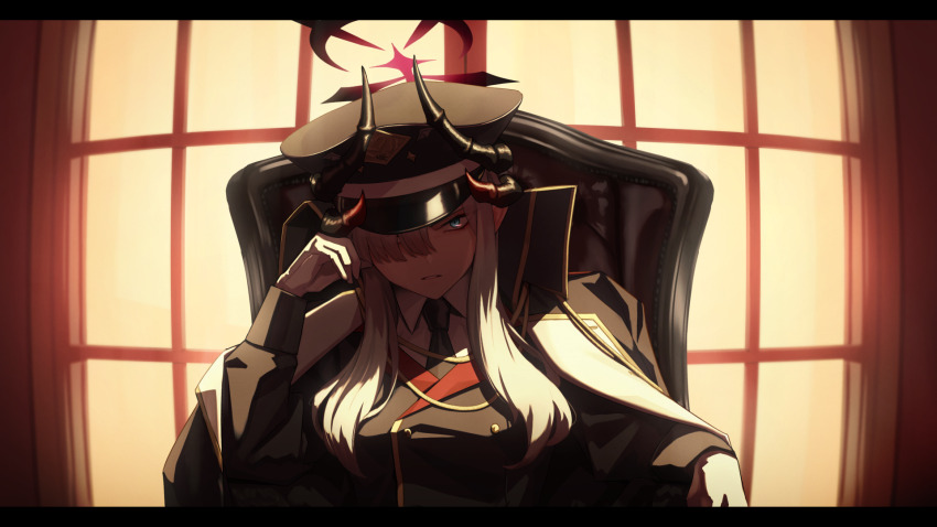 1girl black_halo black_horns blue_archive chair coat coat_on_shoulders demon_horns gradient_halo gradient_horns grey_hair hair_over_one_eye halo hand_on_own_face hat highres horns kis_sako long_hair makoto_(blue_archive) multicolored_halo multicolored_horns multiple_horns necktie peaked_cap pointy_ears sitting window