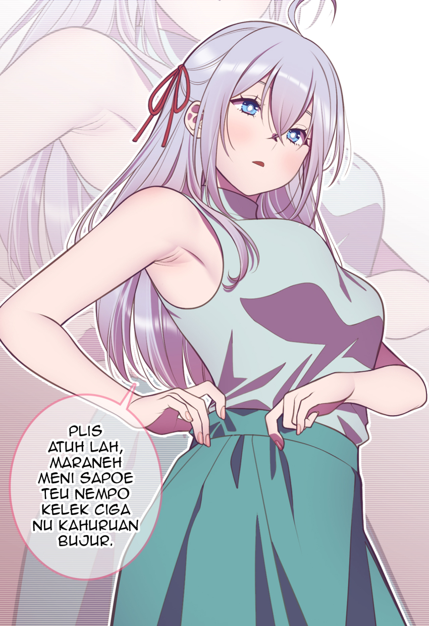 1girl adjusting_clothes adjusting_skirt ahoge alisa_mikhailovna_kujou andrian_januar_adilia armpit_crease blue_eyes breasts check_translation commentary english_commentary flower_knot green_skirt grey_hair hair_between_eyes highres indonesian_text long_hair looking_at_viewer medium_breasts parted_lips shirt sidelocks skirt sleeveless sleeveless_shirt solo speech_bubble standing sundanese_text tokidoki_bosotto_roshia-go_de_dereru_tonari_no_alya-san translation_request turtleneck turtleneck_shirt upper_body zoom_layer