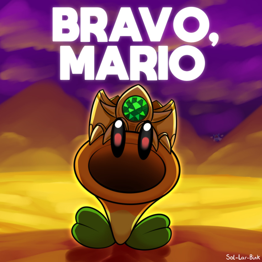 crossover crown flower highres kirby&#039;s_return_to_dream_land kirby_(series) magolor mario_(series) master_crown nintendo no_humans purple_sky signature sky sol-lar-bink solid_oval_eyes super_mario_bros._wonder talking_flower_(mario)