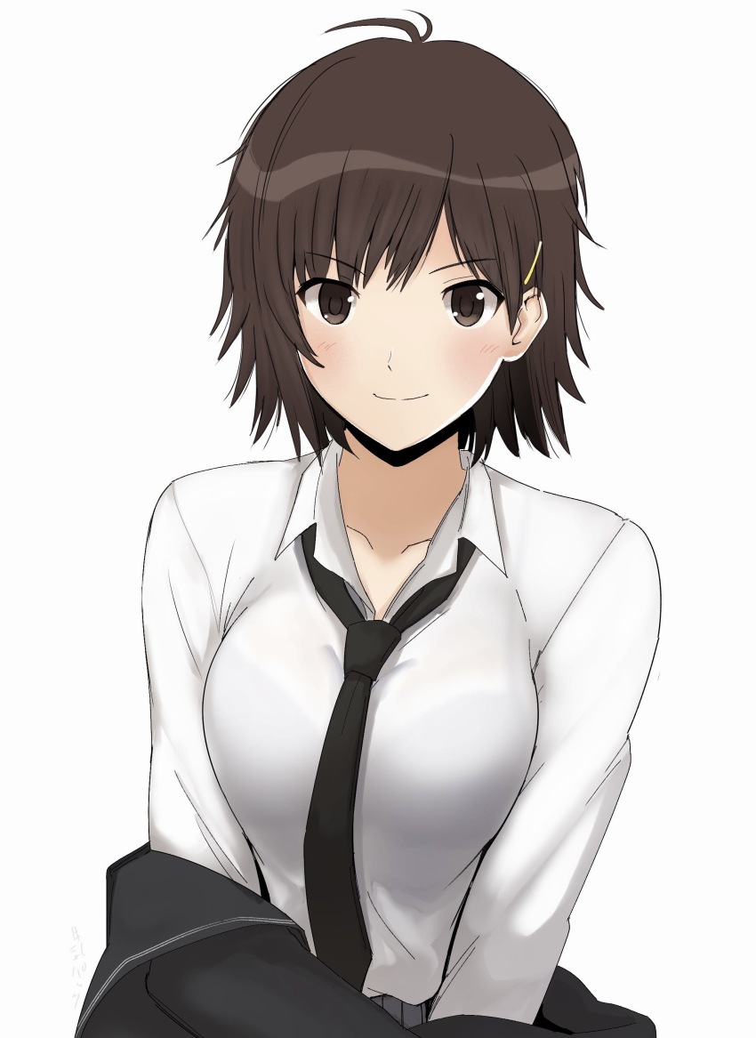 1girl absurdres ahoge amagami black_necktie bra_visible_through_clothes breasts brown_eyes brown_hair closed_mouth collared_shirt gyuunyuu_pack_(tanaka) highres itou_kanae_(amagami) kibito_high_school_uniform large_breasts long_sleeves looking_at_viewer necktie school_uniform shirt short_hair simple_background solo undressing upper_body white_background white_shirt