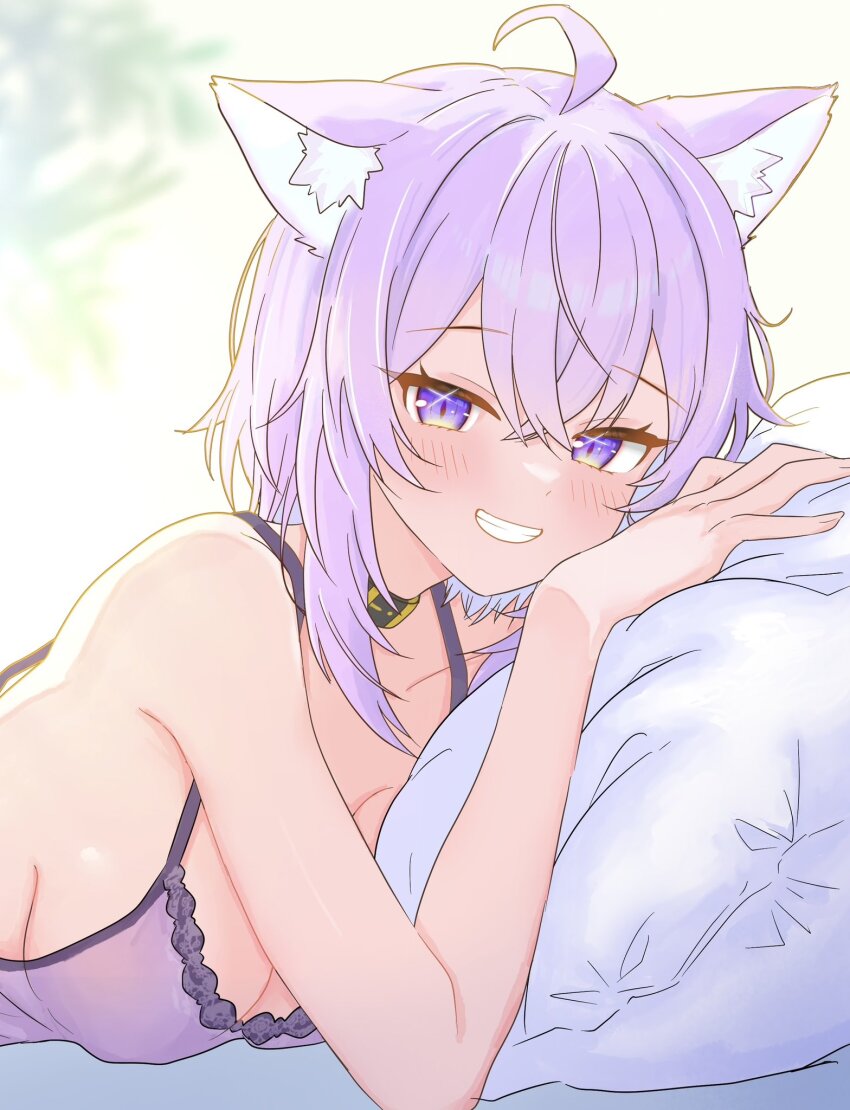 1girl ahoge animal_ears bare_shoulders breasts camisole cat_ears cat_girl cleavage highres hololive large_breasts nekomata_okayu parted_lips pillow purple_camisole purple_eyes purple_hair smile solo upper_body virtual_youtuber warg_game