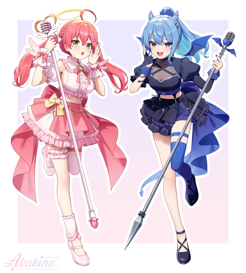 2girls :d :o ahoge akabino alternate_costume asymmetrical_sleeves bell black_shirt black_shoes black_skirt blue_eyes blue_hair blush border bow braid breasts cleavage commentary_request dot_nose double-parted_bangs fishnet_cutout frilled_skirt frills full_body gradient_background green_eyes hair_between_eyes hair_bow hair_horns halo hands_up high_heels high_ponytail highres hololive hoshimachi_suisei jingle_bell long_hair looking_at_viewer medium_breasts microphone miniskirt multiple_girls neck_bell neck_ribbon open_mouth outline pink_ribbon ponytail ribbon sakura_miko shirt shoes sideboob skirt smile twintails virtual_youtuber white_border white_bow white_outline white_shoes white_skirt yellow_halo