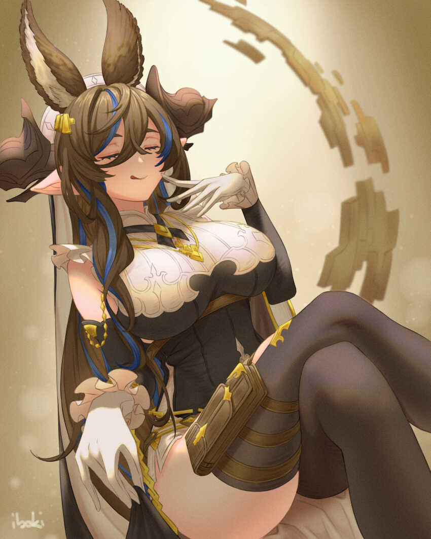 1girl :q absurdres animal_ears asymmetrical_eyewear blue_hair breasts brown_hair brown_horns closed_eyes commentary crossed_legs detached_sleeves dress extra_ears frilled_sleeves frills galleon_(granblue_fantasy) gloves granblue_fantasy hair_between_eyes hair_ornament highres horns ibouki large_breasts long_hair multicolored_hair pointy_ears pouch sitting smile solo streaked_hair thigh_pouch tongue tongue_out very_long_hair white_gloves