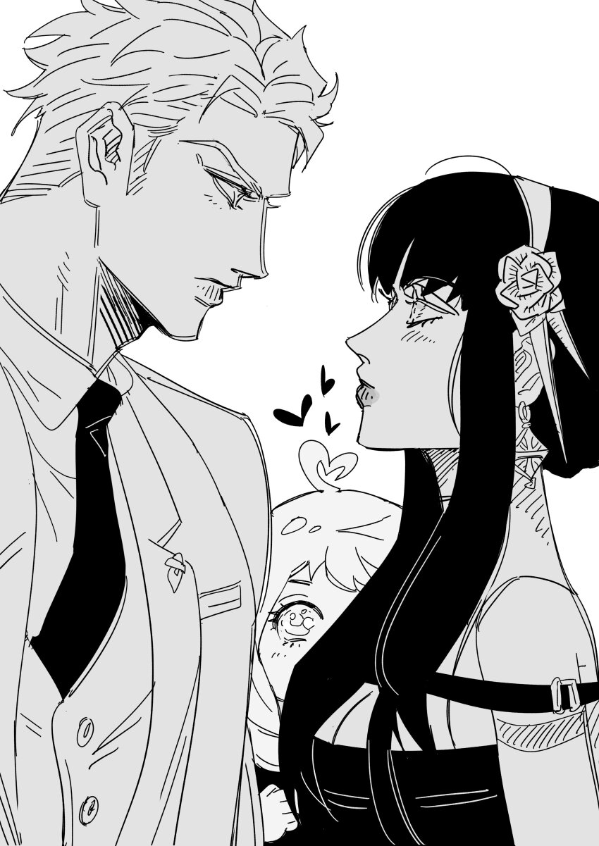 1boy 2girls absurdres ahoge anya_(spy_x_family) breasts cleavage commentary danggo99 earrings family formal_clothes greyscale hairband heart heart_ahoge height_difference highres husband_and_wife jewelry large_breasts long_hair monochrome multiple_girls necktie spy_x_family suit twilight_(spy_x_family) yor_briar