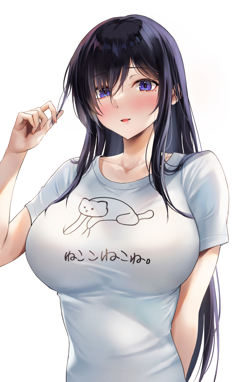 1girl absurdres alice_gear_aegis arm_behind_back black_hair blush breasts clothes_writing commentary_request hand_up heart heart-shaped_pupils highres kagome_misaki large_breasts long_hair looking_at_viewer parted_lips playing_with_hair purple_eyes puru_(ex-150) shirt simple_background solo straight_hair symbol-shaped_pupils white_background white_shirt