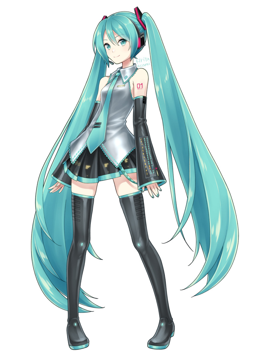 1girl aqua_eyes aqua_hair aqua_nails aqua_necktie artist_name bare_shoulders black_boots black_skirt black_thighhighs boots breasts closed_mouth collared_shirt commentary derivative_work detached_sleeves female_focus full_body grey_shirt hair_between_eyes hatsune_miku highres kirita_asami long_hair looking_at_viewer nail_polish necktie pigeon-toed pleated_skirt shirt simple_background skirt sleeveless sleeveless_shirt sleeves_past_wrists smile solo standing tattoo thigh_boots thighhighs twintails very_long_hair vocaloid vocaloid_boxart_pose white_background zettai_ryouiki