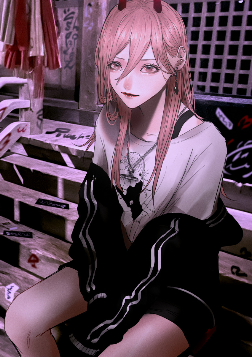 1girl absurdres between_legs black_jacket black_shorts bra_strap chainsaw_man character_name closed_mouth commentary_request concrete demon_horns ear_piercing earrings eyelashes feet_out_of_frame hair_between_eyes hand_between_legs highres horns jacket jacket_partially_removed jewelry lipstick long_hair long_sleeves looking_at_viewer makeup mano_aaa piercing pink_hair power_(chainsaw_man) print_shirt red_horns red_lips shirt short_shorts shorts sitting sitting_on_stairs solo stairs t-shirt white_shirt