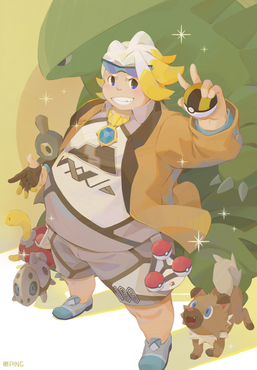 1boy absurdres aron bara blue_eyes boldore collared_shirt eyewear_on_head fat fat_man full_body game_freak gen_2_pokemon gen_3_pokemon gen_5_pokemon gen_7_pokemon gloves gordie_(pokemon) grey_shorts grin highres jacket long_sleeves looking_at_viewer male_focus multicolored_hair nintendo orange_jacket partially_fingerless_gloves poke_ball pokemon pokemon_(creature) pokemon_swsh rockruff roggenrola seamonsterping shirt short_hair shorts shuckle smile sparkle sunglasses two-tone_hair tyranitar ultra_ball white_hair