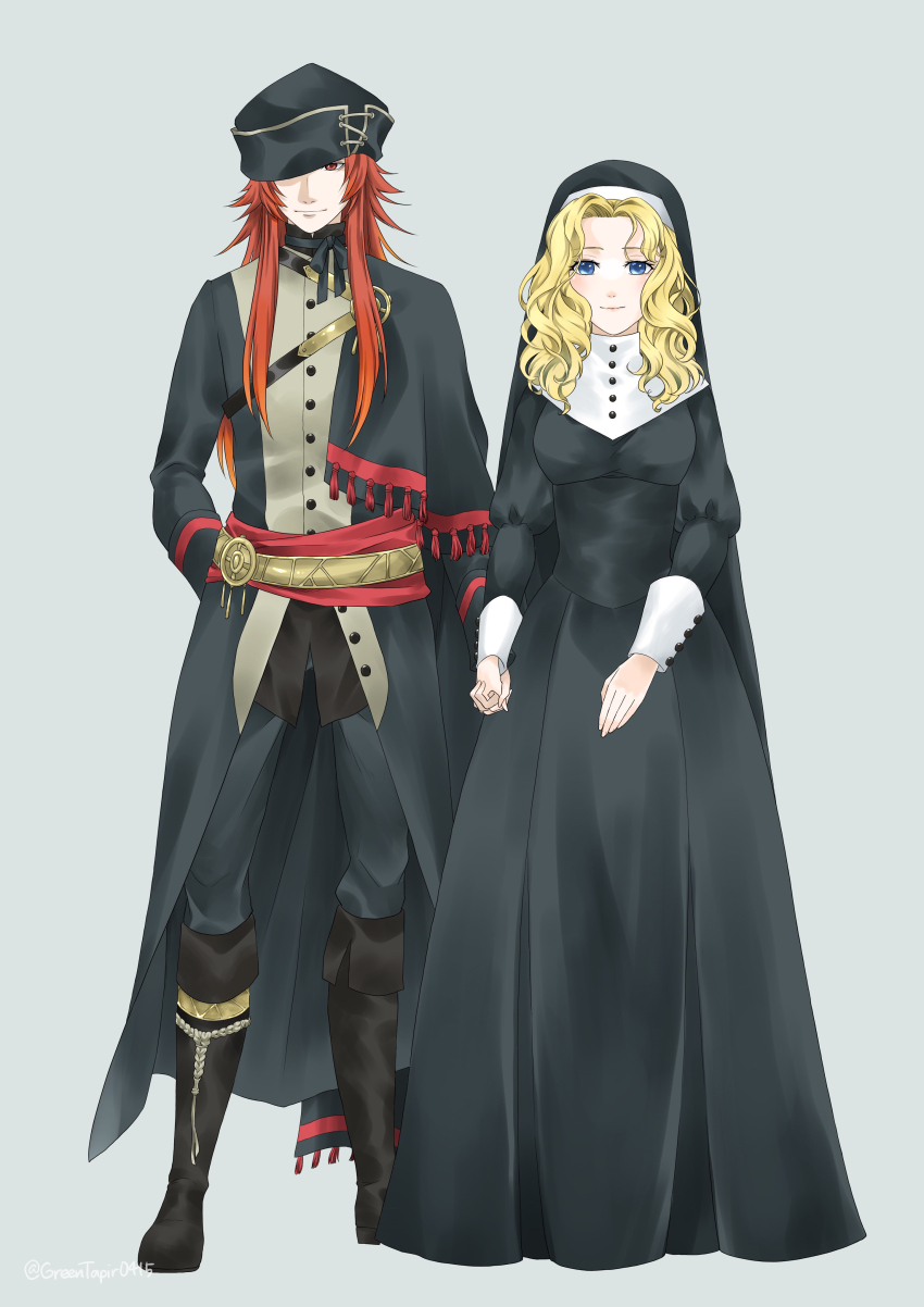 1boy 1girl absurdres alternate_costume arm_behind_back black_dress black_footwear black_headwear blonde_hair blue_eyes boots breasts closed_mouth coif commentary_request dress fire_emblem fire_emblem:_the_sacred_stones full_body habit hat highres joshua_(fire_emblem) knee_boots long_dress long_hair medium_breasts midori_no_baku natasha_(fire_emblem) nintendo nun one_eye_covered red_eyes red_hair simple_background smile wavy_hair white_background