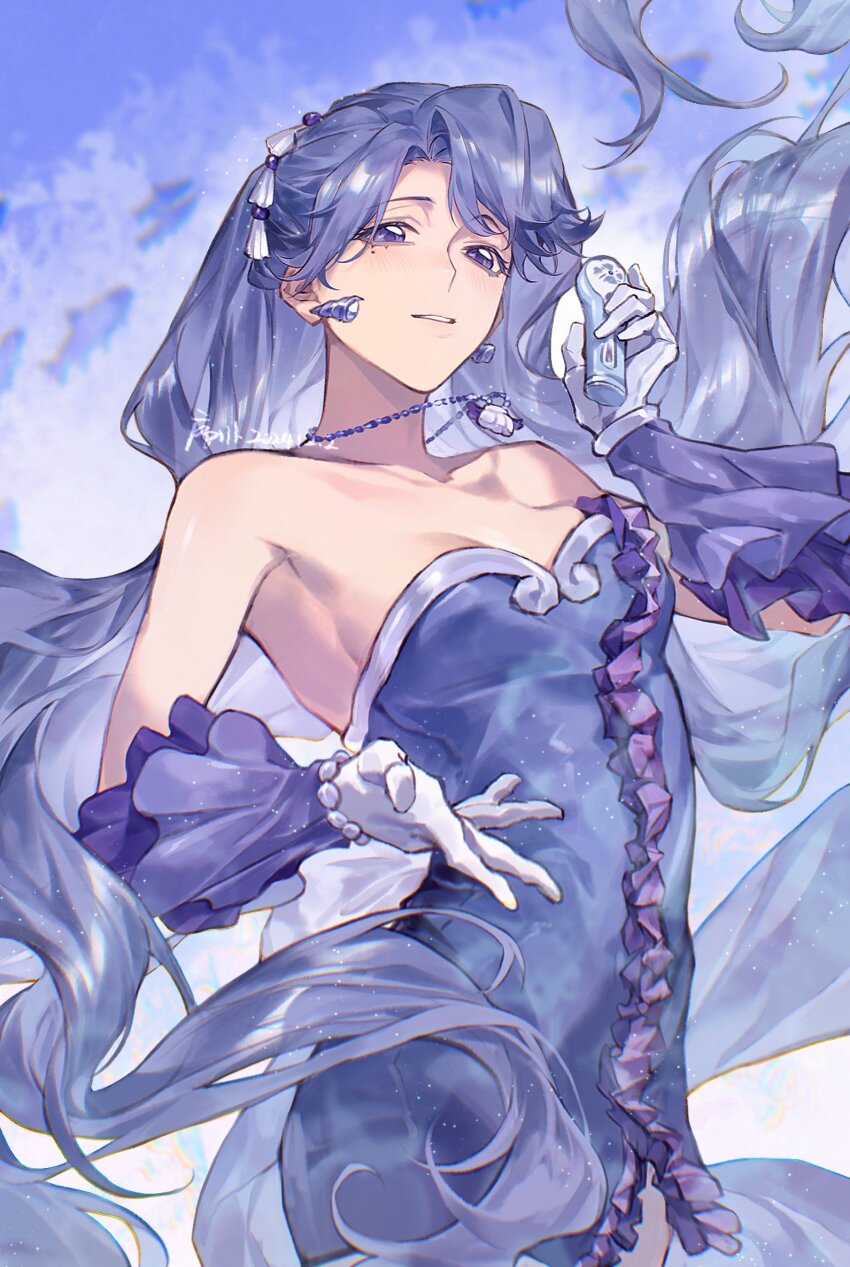 1girl back_bow bare_shoulders bead_bracelet beads bow bracelet breasts cleavage commentary cowboy_shot dress earrings frilled_dress frilled_gloves frills gloves hair_bobbles hair_ornament hand_up highres holding holding_microphone idol idol_clothes jewelry light_blush looking_at_viewer magical_girl mermaid_melody_pichi_pichi_pitch microphone mole mole_under_mouth necklace noel_(mermaid_melody_pichi_pichi_pitch) parted_bangs parted_lips purple_dress purple_eyes purple_gloves purple_hair shell shell_necklace short_dress solo strapless strapless_dress symbol-only_commentary tassel tassel_hair_ornament two-tone_gloves white_bow white_gloves xuchuan