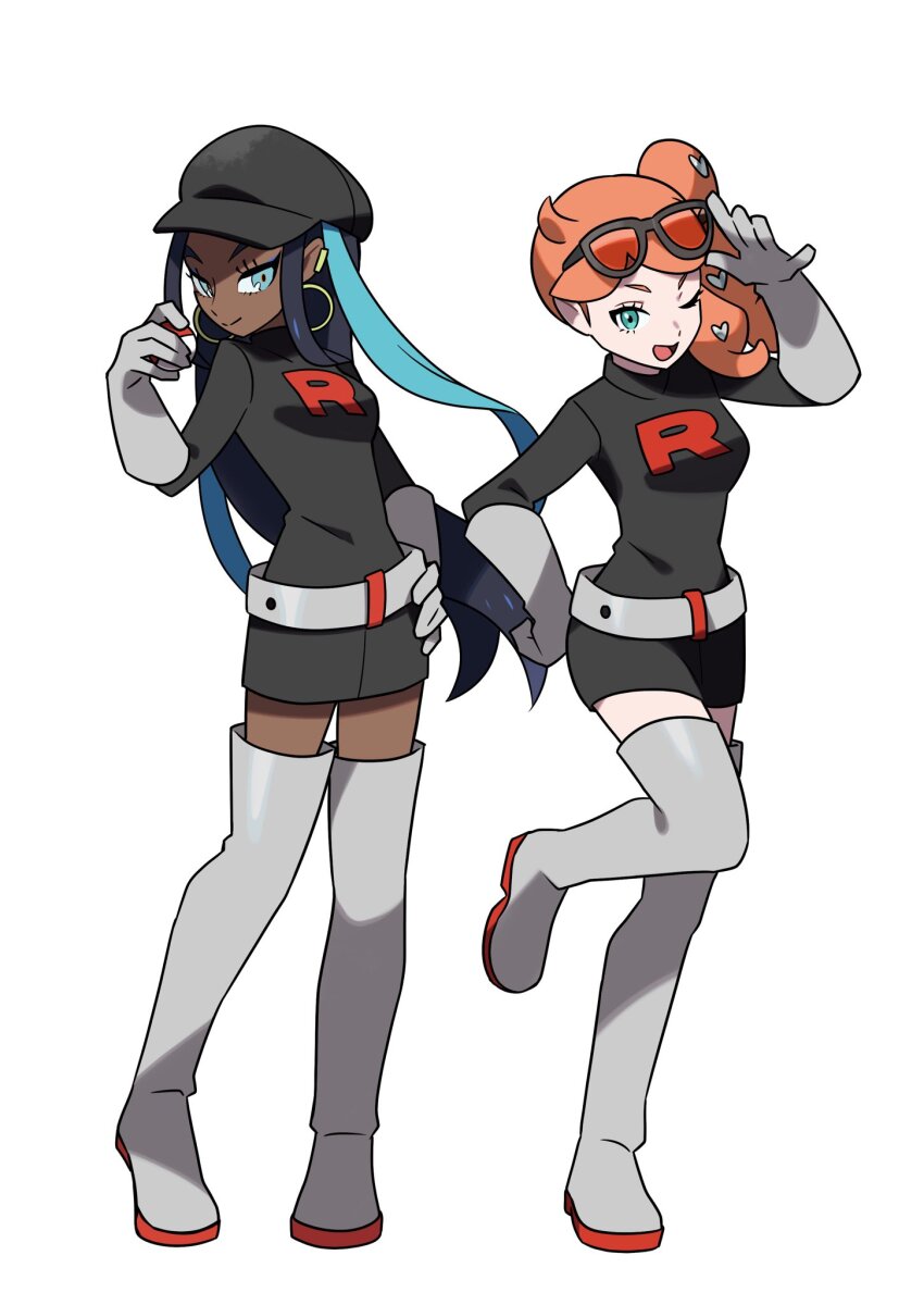 2girls alternate_costume belt blue_eyeshadow boots dark-skinned_female dark_skin earrings elbow_gloves eyeshadow eyewear_on_head gloves grey_belt hair_ornament heart heart_hair_ornament highres himurohiromu holding holding_poke_ball hoop_earrings jewelry logo makeup multiple_girls nessa_(pokemon) nintendo one_eye_closed orange-tinted_eyewear orange_hair poke_ball pokemon pokemon_swsh side_ponytail sonia_(pokemon) standing standing_on_one_leg team_rocket team_rocket_uniform thigh_boots tinted_eyewear white_background