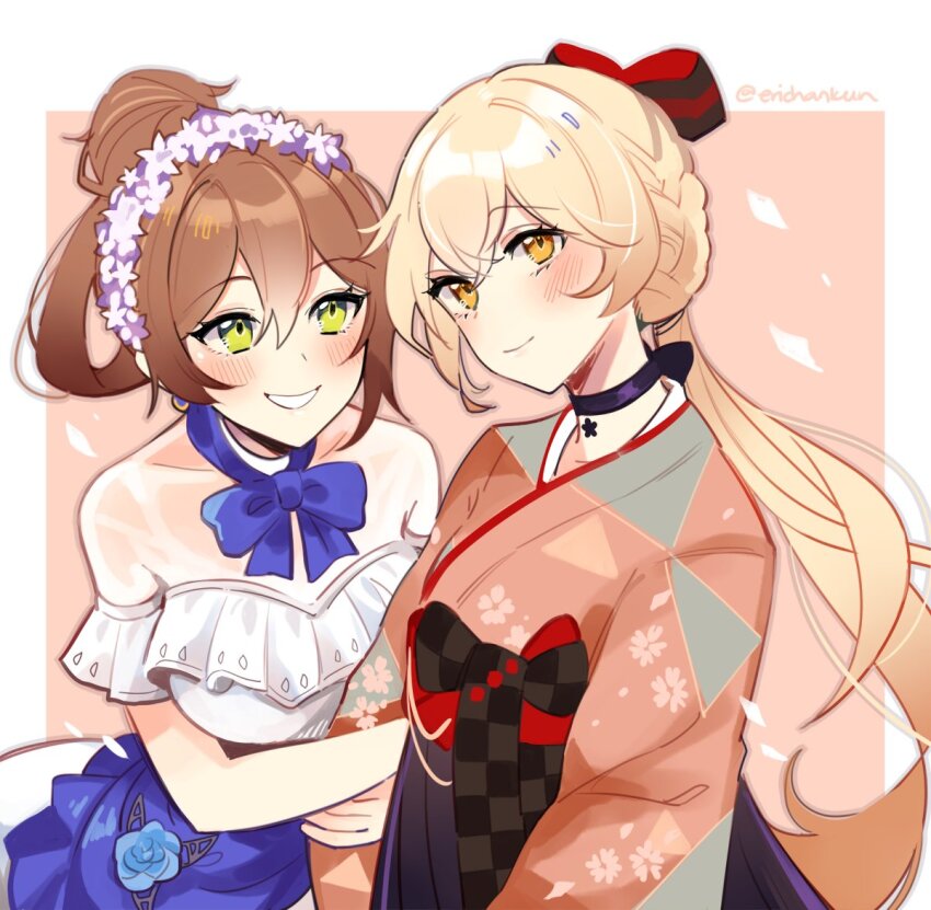 2girls alternate_costume alternate_hairstyle blue_dress blush bow braid breasts brown_hair choker closed_mouth coll_(erichankun) commission dress flower_hairband french_braid girls&#039;_frontline green_eyes hair_between_eyes hair_bow holding_another&#039;s_arm japanese_clothes kimono looking_at_another looking_at_viewer medium_breasts multiple_girls official_alternate_costume ots-14_(flurry_of_petals)_(girls&#039;_frontline) ots-14_(girls&#039;_frontline) parted_lips ponytail red_bow second-party_source simple_background small_breasts smile springfield_(girls&#039;_frontline) two-tone_background two-tone_dress white_dress