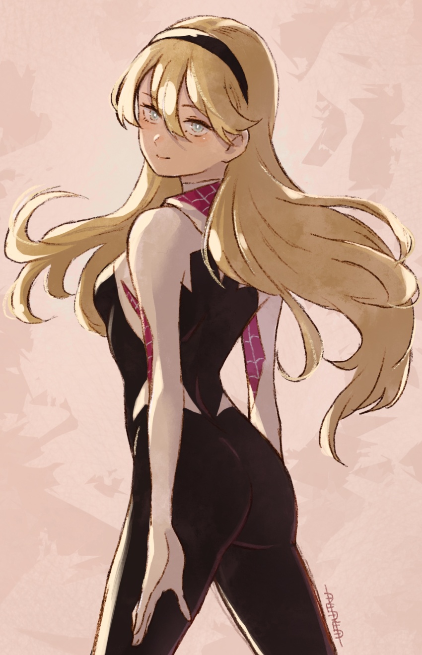 1girl animification ass black_bodysuit blonde_hair blue_eyes bodysuit gwen_stacy headband highres long_hair looking_at_viewer marvel skin_tight smile solo spider-gwen spider-man_(series) spider_web_print superhero_costume sushi_pizza_rrr