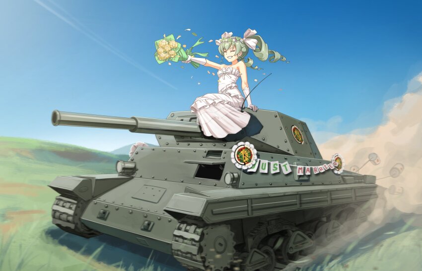 1girl absurdres anchovy_(girls_und_panzer) anzio_(emblem) arm_support bare_shoulders blue_sky bouquet carro_armato_p40 clear_sky closed_eyes commentary commission day dress drill_hair dust_cloud elbow_gloves emblem english_commentary english_text floating_hair flower girls_und_panzer gloves grass green_hair grin highres holding holding_bouquet light_rays long_hair military_vehicle motor_vehicle mountain outdoors outstretched_arm radio_antenna ricman_rt rose sitting sky smile solo strapless strapless_dress sunbeam sunlight tank twin_drills twintails vehicle_focus wedding_dress white_dress white_gloves yellow_flower yellow_rose