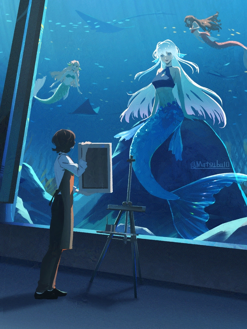 4girls :d apron aquarium artist_name black_shoes blonde_hair blue_scales blue_tail brown_apron brown_hair commentary_request fins fish green_tail head_fins highres indoors long_hair looking_at_another matsuba10 mermaid monster_girl multiple_girls open_mouth original red_tail scenery shadow shirt shoes sleeves_rolled_up smile standing stingray twitter_username watermark white_hair white_shirt