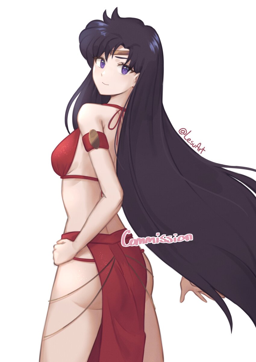 1girl absurdly_long_hair absurdres armband artist_name ass bare_back bare_shoulders bishoujo_senshi_sailor_moon breasts chain cleavage cleavage_cutout clothing_cutout commentary commission cowboy_shot criss-cross_halter dancer english_commentary english_text eyelashes gold_chain halterneck hand_on_own_hip highres lesu light_smile long_hair looking_at_viewer medium_breasts meme_attire midriff navel pelvic_curtain purple_eyes purple_hair red_armband red_shirt red_skirt sailor_moon_pose shirt side_slit signature simple_background skirt smile solo standing tiara toned toned_female twintails twitter_username very_long_hair white_background yomorio_lingerie