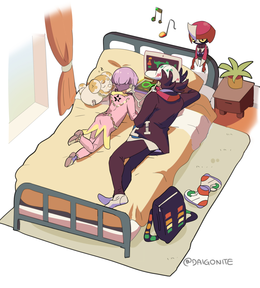 2boys backpack bag baseball_cap bed coat commentary computer curtains earphones fidough gen_5_pokemon giacomo_(pokemon) goro_orb hat highres indoors jacket laptop listening_to_music lying male_focus multiple_boys musical_note nightstand nintendo on_bed on_side on_stomach ortega_(pokemon) pants pawniard pillow pink_coat pink_pants pokemon pokemon_(creature) pokemon_sv purple_hair shared_earphones short_hair socks team_star unworn_backpack unworn_bag white_headwear window