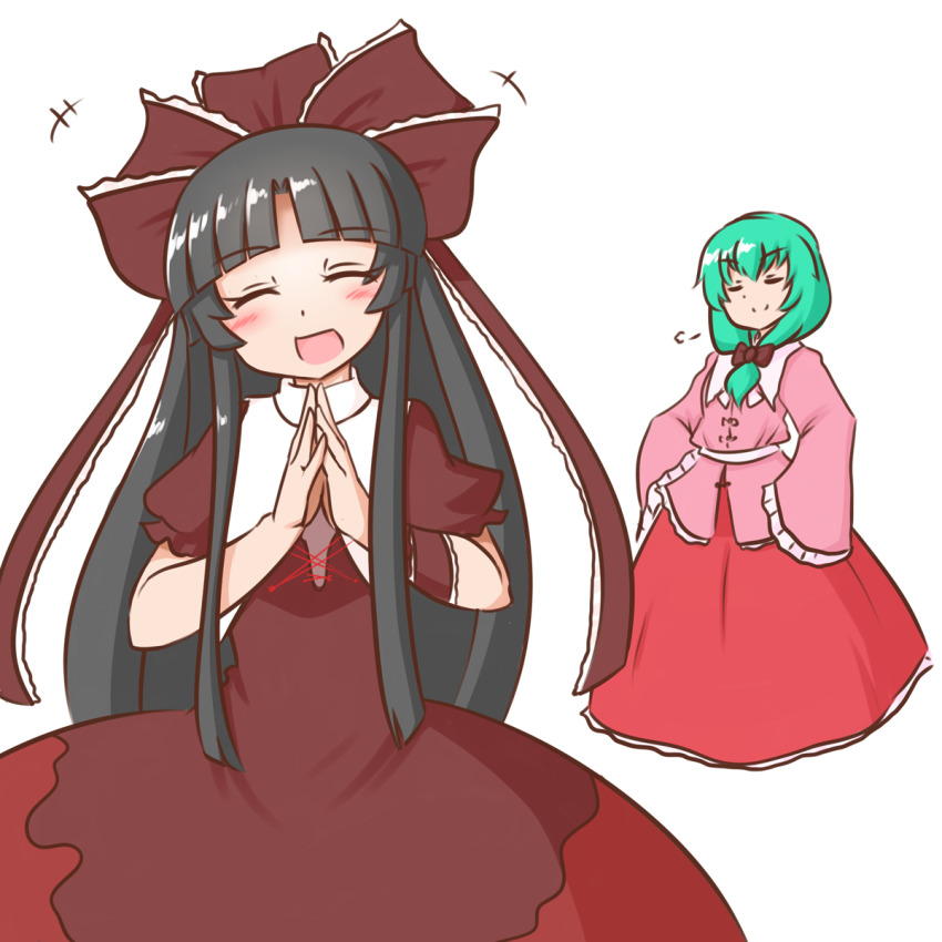 2girls :d blunt_bangs bow brown_bow brown_dress brown_ribbon circle_skirt closed_eyes closed_mouth cosplay costume_switch dress frilled_ribbon frills front_ponytail hair_bow hair_ribbon hands_on_own_hips highres hime_cut houraisan_kaguya houraisan_kaguya_(cosplay) kagiyama_hina kagiyama_hina_(cosplay) long_dress long_hair long_skirt long_sleeves mizusoba multiple_girls open_mouth own_hands_together pink_dress red_dress red_skirt ribbon short_sleeves simple_background skirt smile standing touhou very_long_hair white_background wide_sleeves