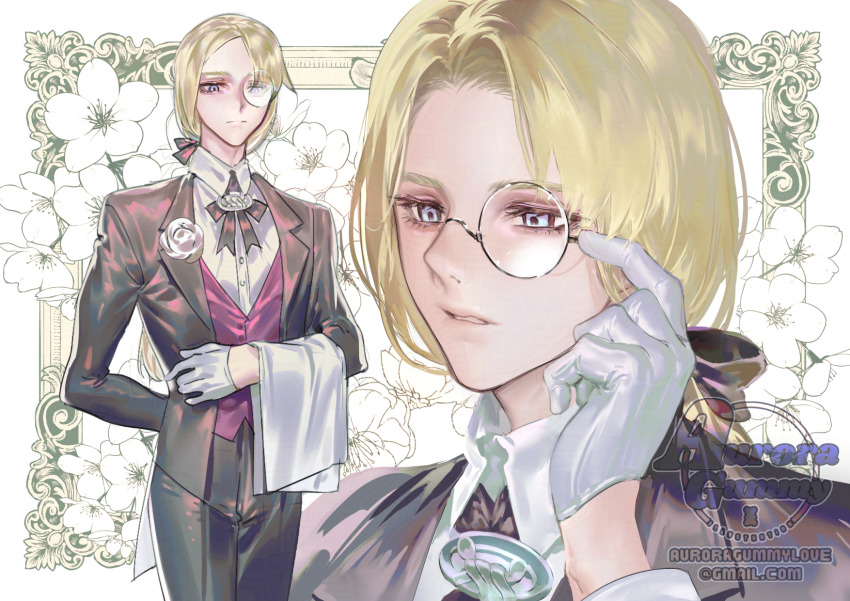 1boy adjusting_eyewear alternate_costume artist_name auroragummy avery_(pokemon) blonde_hair blue_eyes butler cloth collared_shirt commentary_request email_address eyelashes flower gloves highres jacket korean_commentary male_focus monocle multiple_views neck_ribbon nintendo open_clothes open_jacket pants pokemon pokemon_swsh ribbon shirt teeth vest watermark