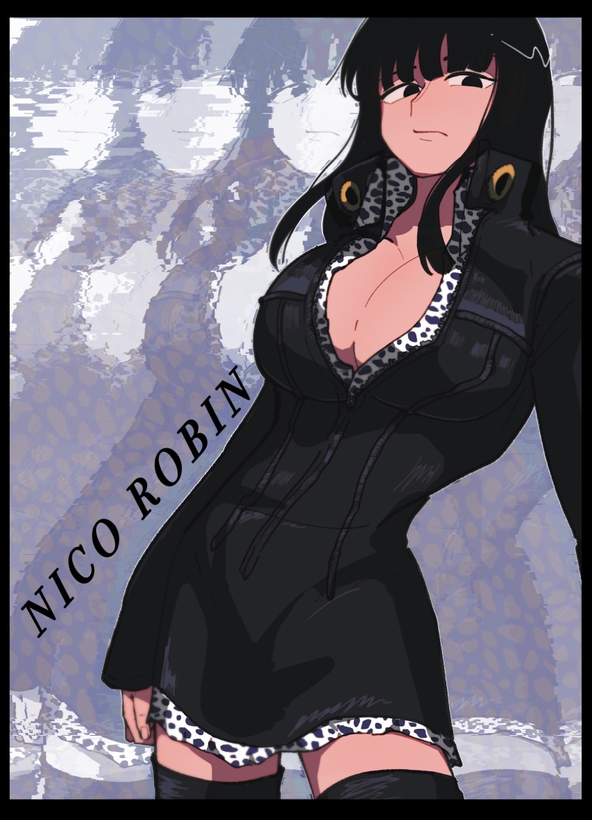 1girl black_eyes black_hair blunt_bangs boots breasts character_name cleavage closed_mouth cowboy_shot highres jacket large_breasts leather leather_dress leather_jacket looking_at_viewer medium_hair nico_robin nico_robin_(water_7) one_piece onohi partially_unzipped solo thigh_boots thighhighs thighs zettai_ryouiki zipper
