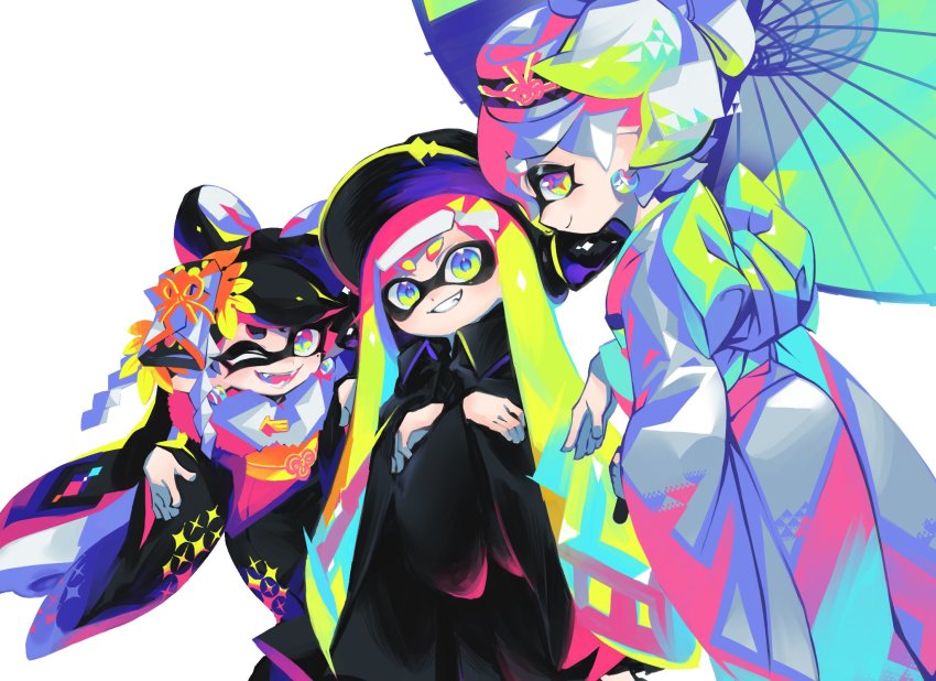 +_+ 3girls agent_3_(splatoon) aramaki_spla black_hair black_headwear black_kimono blunt_bangs callie_(splatoon) captain_3_(splatoon) chromatic_aberration closed_mouth commentary cousins fang fangs fur_scarf furisode green_hair grey_hair grey_kimono grin hair_ornament headgear helmet highres holding holding_umbrella inkling inkling_girl inkling_player_character japanese_clothes kimono leaning_forward leg_hold long_hair long_sleeves looking_at_viewer marie_(splatoon) multicolored_hair multiple_girls nintendo obi oil-paper_umbrella one_eye_closed open_mouth pink_hair pointy_ears print_kimono sash short_hair simple_background sitting smile splatoon_(series) standing star-shaped_pupils star_(symbol) swept_bangs symbol-shaped_pupils tentacle_hair umbrella white_background wide_sleeves