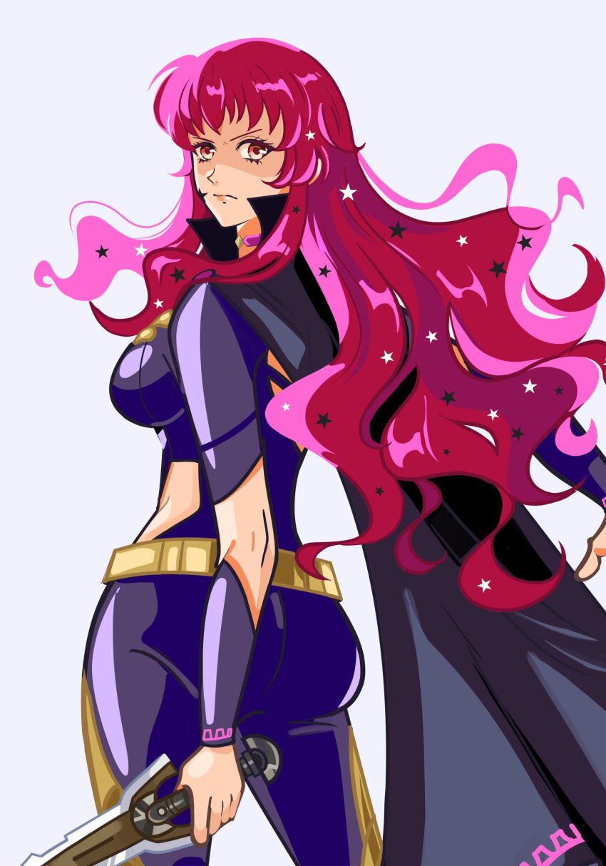 1girl ass belt black_cape bodysuit breasts cape choker closed_mouth clothing_cutout facial_mark fire_emblem fire_emblem_engage gold_belt hair_ornament highres holding holding_knife knife long_hair looking_at_viewer medium_breasts nintendo pink_choker purple_bodysuit red_eyes red_hair side_cutout sideboob simple_background solo star_(symbol) star_facial_mark star_hair_ornament yancadoodles yellow_belt yunaka_(fire_emblem)