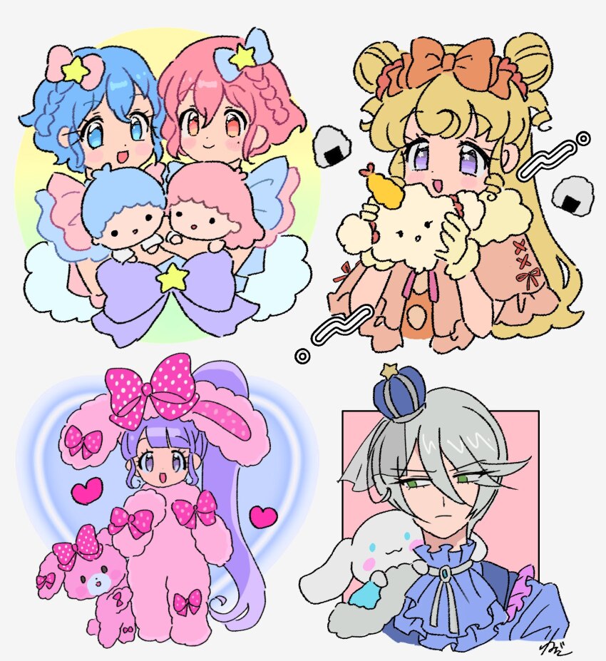 1boy 4girls :d animal_costume animal_ears ascot blonde_hair blue_ascot blue_bow blue_eyes blue_hair blunt_bangs blush bow braid brother_and_sister cinnamoroll closed_mouth cogimyun cropped_torso crown dorothy_west double_bun fake_animal_ears food fuwa_fuwa_cinnamoroll green_eyes grey_hair hair_between_eyes hair_bow hair_bun highres holding holding_stuffed_toy idol_time_pripara kiki_(little_twin_stars) lala_(little_twin_stars) little_twin_stars long_hair looking_at_viewer looking_to_the_side manaka_non mole mole_under_eye multiple_girls onigiri open_mouth pink_bow pink_eyes pink_hair pretty_series pripara purple_eyes purple_hair rabbit_costume rabbit_ears reona_west ringlets rituyama1 sanrio shikyoin_hibiki short_hair siblings side_braid side_ponytail signature smile standing stuffed_toy trap twins very_long_hair yumekawa_yui