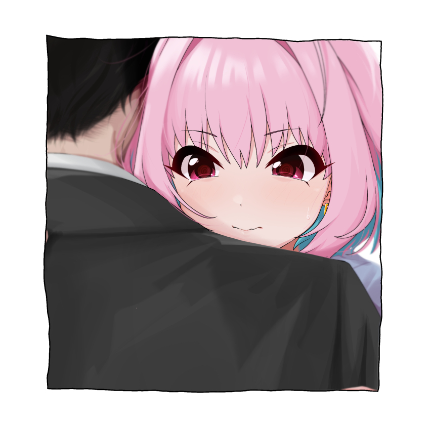 1boy 1girl @_@ ahoge black_hair blazer closed_mouth commentary dot_nose earrings from_behind highres idolmaster idolmaster_cinderella_girls jacket jewelry kakki_(kackie) looking_at_viewer medium_hair multicolored_hair nape pink_eyes pink_hair shirt short_hair simple_background two-tone_hair wavy_mouth white_background white_shirt yumemi_riamu