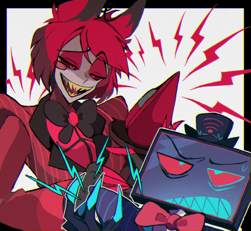 2boys alastor_(hazbin_hotel) animal_ears black_headwear blue_teeth bow bowtie circle_facial_mark coat colored_sclera colored_skin deer_boy deer_ears demon demon_boy dress ewhm7584 formal_clothes gloves grin hat hazbin_hotel highres holding jacket male_focus microphone monocle multiple_boys object_head open_mouth red_eyes red_hair red_sclera red_suit sharp_teeth short_hair signal_bar smile solid_eye striped_clothes striped_coat striped_vest suit teeth top_hat traditional_bowtie two-tone_hat vertical-striped_clothes vertical-striped_vest vest vintage_microphone vox_(hazbin_hotel) yellow_teeth