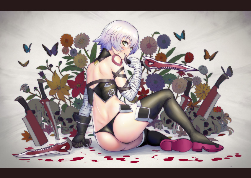 1girl absurdres arm_belt ass bandaged_arm bandages bare_shoulders black_gloves black_panties black_thighhighs black_vest blush breasts dagger elbow_gloves facial_scar fate/apocrypha fate/grand_order fate_(series) female_focus from_behind gloves green_eyes grey_hair hair_between_eyes highres hitomaruniigo holding holding_dagger holding_knife holding_weapon huge_filesize jack_the_ripper_(fate/apocrypha) knife looking_at_viewer lowleg lowleg_panties navel panties scar scar_across_eye scar_on_cheek scar_on_face short_hair shoulder_tattoo single_glove sitting solo tattoo thighhighs underwear vest weapon white_hair