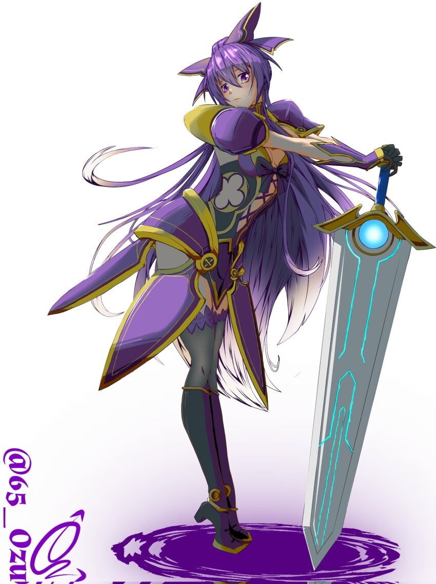 1girl 65ozu armor armored_dress armored_gloves ass breasts cleavage date_a_live dress highres long_hair purple_eyes purple_hair solo sword weapon yatogami_tohka