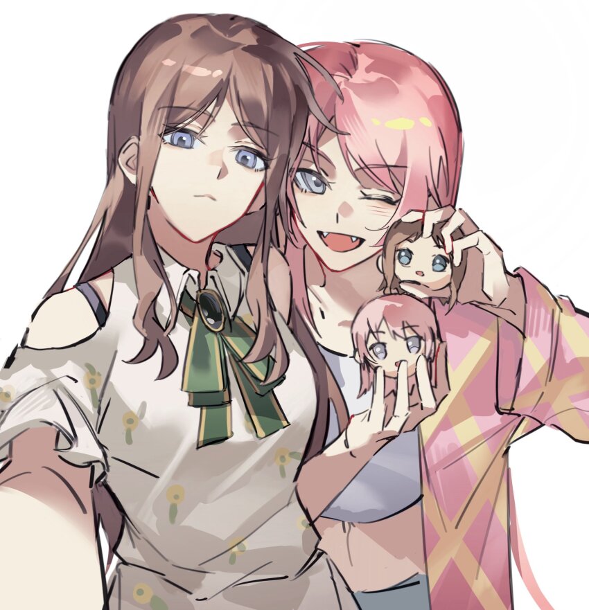 2girls bang_dream! bang_dream!_it&#039;s_mygo!!!!! blue_eyes bra_strap brown_hair character_doll chihaya_anon closed_mouth doll dress fangs grey_eyes highres jacket long_hair long_sleeves looking_at_viewer midriff multiple_girls nagasaki_soyo one_eye_closed open_clothes open_jacket pink_hair pink_jacket selfie shiba257 shirt short_sleeves simple_background white_background white_dress white_shirt