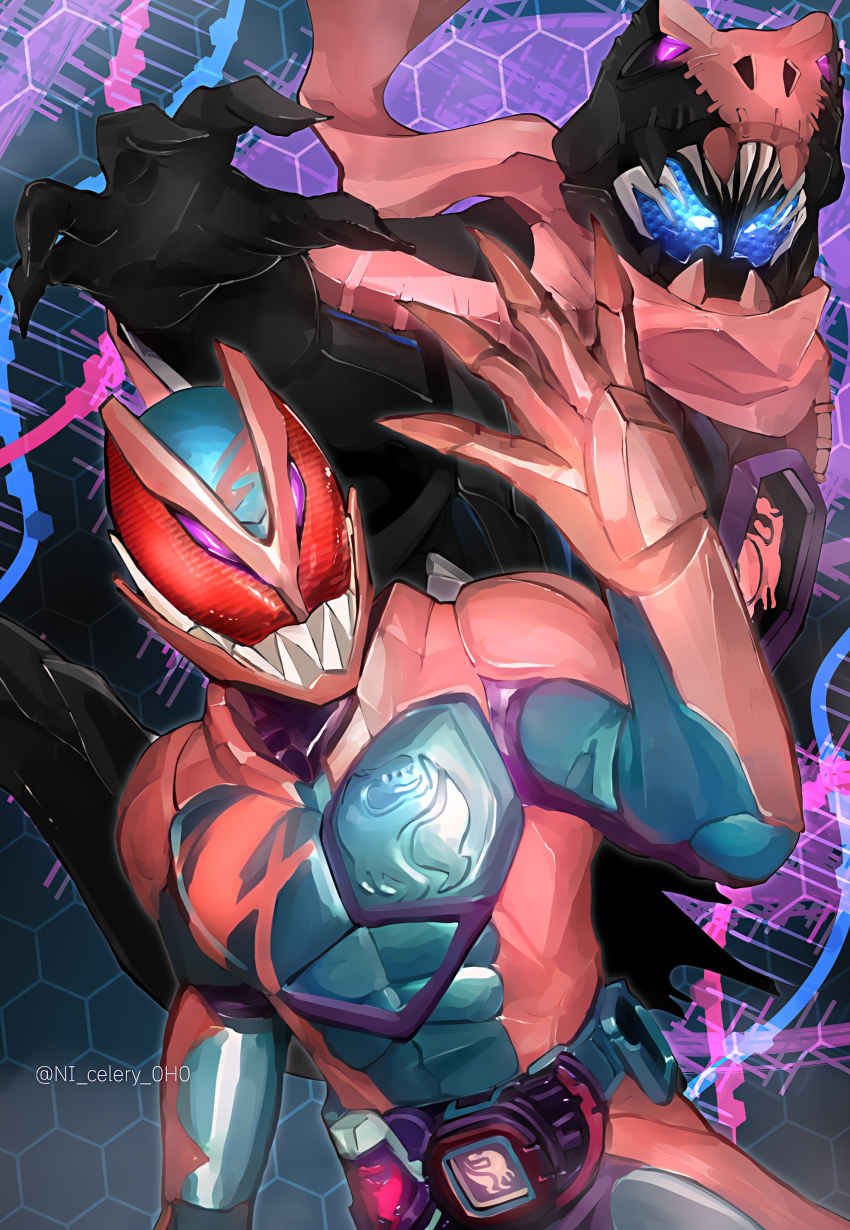 2boys absurdres black_gloves blue_eyes claws commentary compound_eyes dna gloves hand_up highres honeycomb_(pattern) honeycomb_background kamen_rider kamen_rider_revi kamen_rider_revice kamen_rider_vice multiple_boys ni_celery_pk pink_gloves pink_scarf red_eyes revice_driver rex_genome rider_belt scarf sharp_teeth teeth textless_version tokusatsu twitter_username tyrannosaurus_rex upper_body vistamp