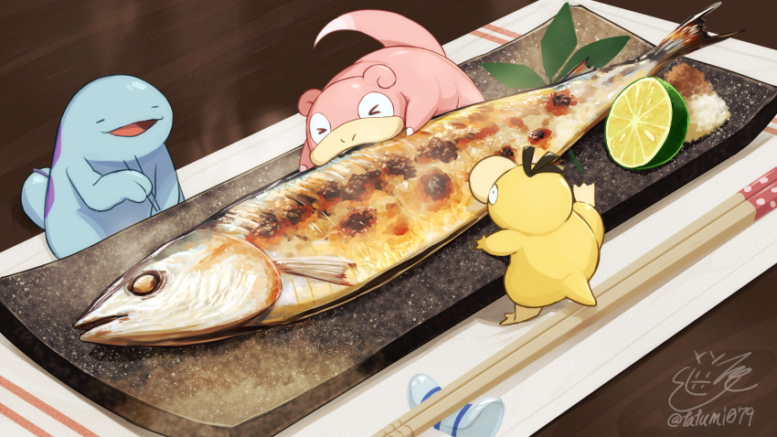 &gt;_&lt; chopstick_rest chopsticks commentary_request eating fish fish_(food) food fruit gen_1_pokemon gen_2_pokemon grilled_fish highres lime_(fruit) lime_slice nintendo no_humans pokemon pokemon_(creature) psyduck quagsire slowpoke steam tatsumi_(panneko)