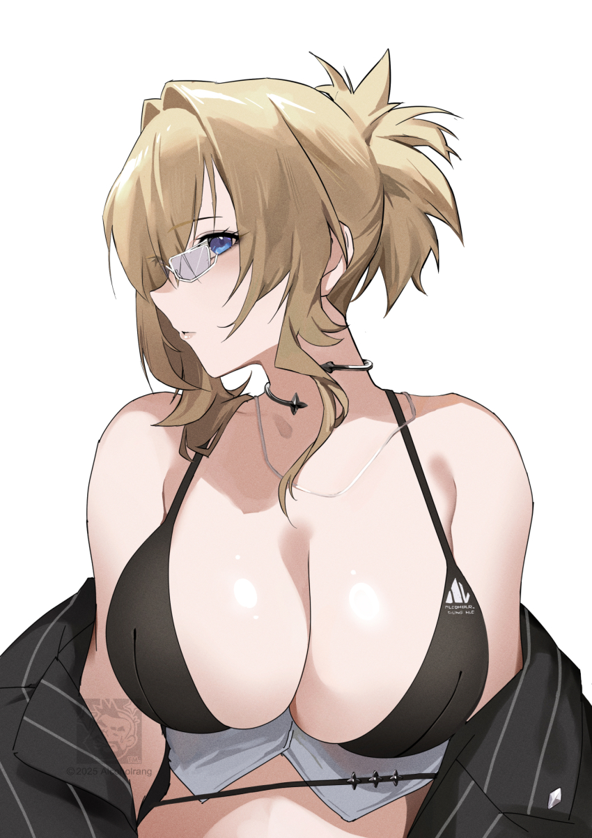 1girl alcoholrang bikini black_bikini blonde_hair blue_eyes breasts commentary glasses goddess_of_victory:_nikke grave_(beautiful_you)_(nikke) grave_(nikke) hair_intakes highres large_breasts medium_hair official_alternate_costume simple_background solo swimsuit upper_body white_background