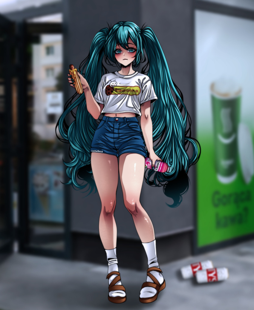 1girl aqua_hair artist_name blue_shorts blurry blurry_background blush bottle can commentary drink english_commentary food hatsune_miku highres holding holding_bottle holding_food hot_dog long_hair looking_at_viewer lunalieth midriff navel poland polish_clothes polish_text sandals shirt short_sleeves shorts socks solo t-shirt twintails very_long_hair vocaloid white_shirt white_socks worldwide_miku
