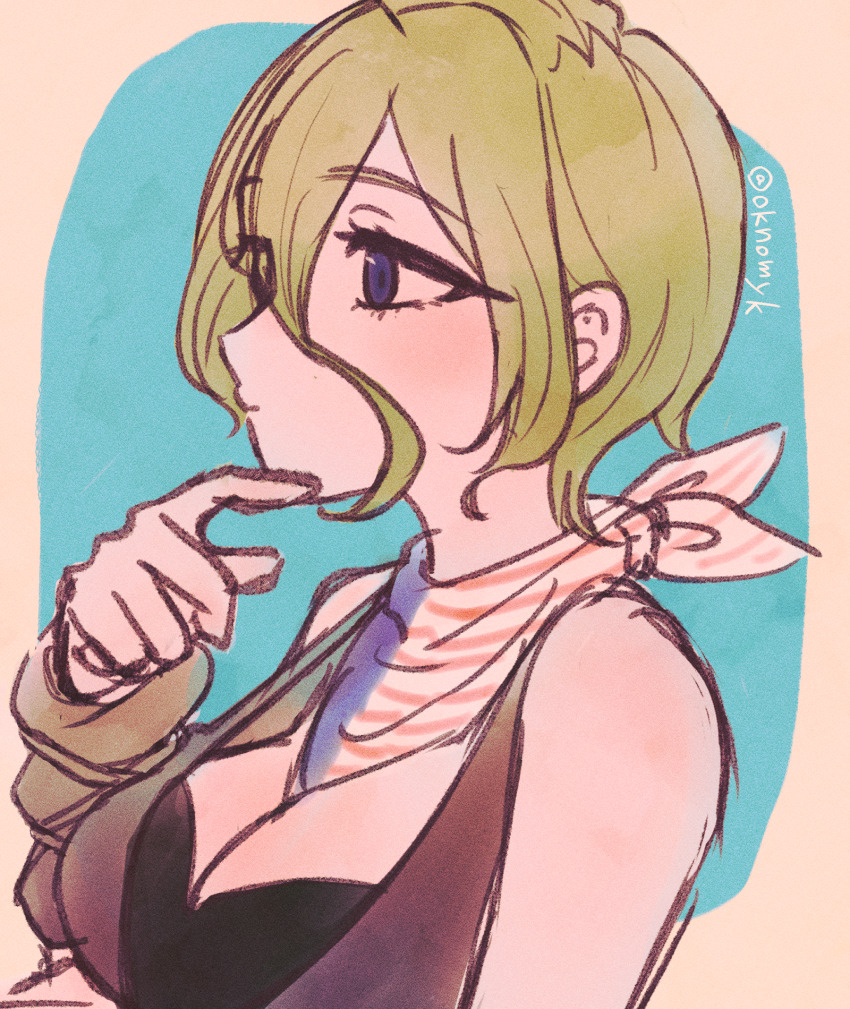 1girl alternate_hairstyle american_flag bandana bandana_around_neck black_bra blue_eyes bra breasts cleavage detached_sleeves finger_to_own_chin green_hair halterneck highres kimi_no_koto_ga_dai_dai_dai_dai_daisuki_na_100-nin_no_kanojo large_breasts medium_hair oknomyk solo thinking twitter_username underwear upper_body yamato_nadeshiko_(hyakkano)
