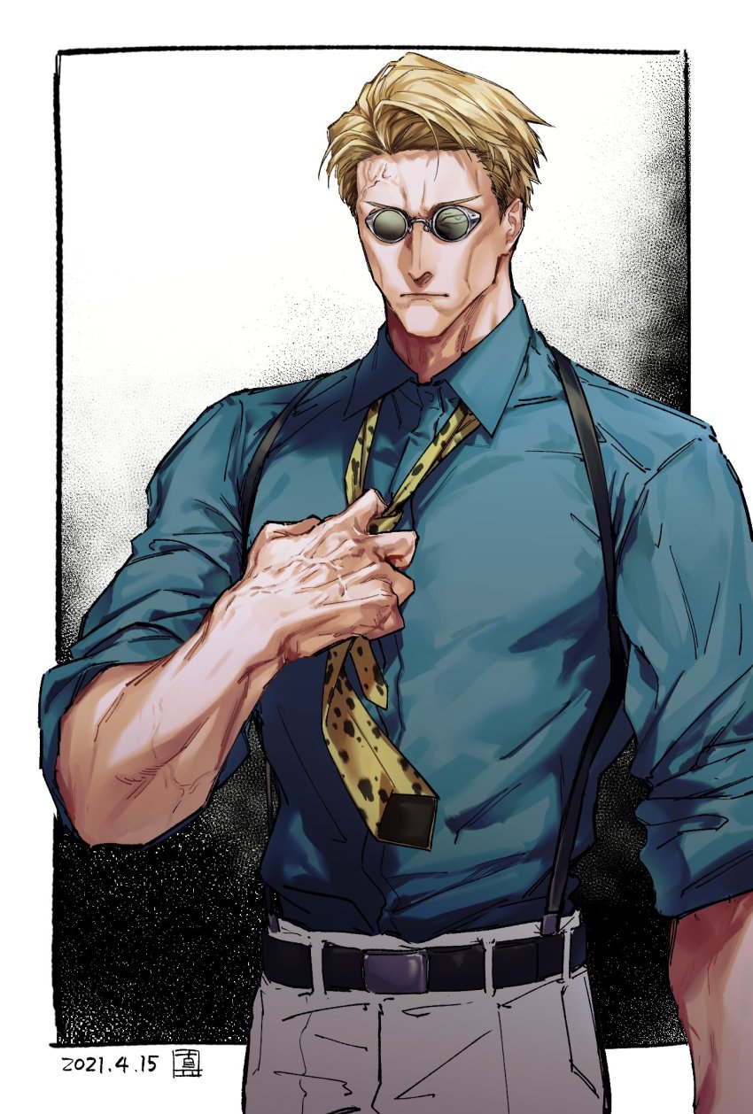 1boy animal_print bad_id bad_twitter_id belt black_belt blonde_hair blue_shirt closed_mouth dated glasses green-tinted_eyewear grey_pants highres jujutsu_kaisen leopard_print male_focus muscular muscular_male nanami_kento necktie pants shin_(sinsin12121) shirt signature simple_background solo suspenders tinted_eyewear veins yellow_necktie