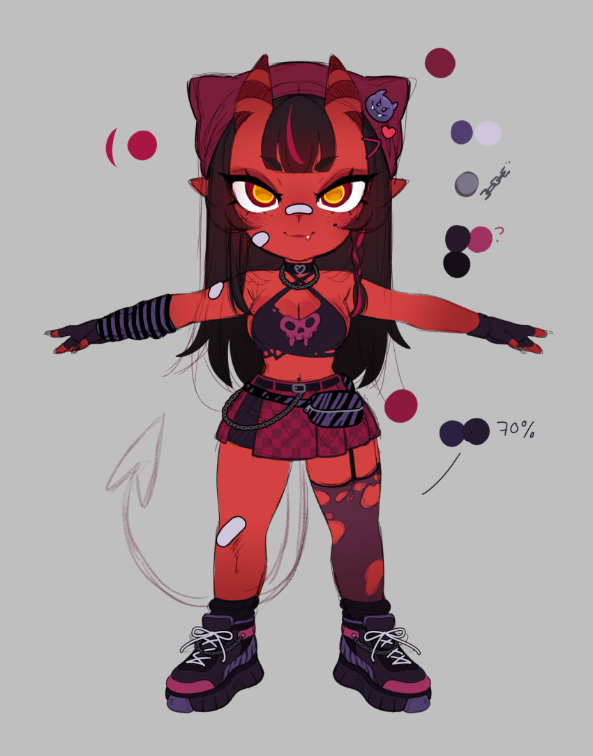 1girl bare_shoulders black_hair black_shoes breasts cleavage colored_skin demon_girl demon_horns demon_tail fang fingerless_gloves freckles full_body gloves grey_background highres horns large_breasts long_hair merunyaa miniskirt navel orange_eyes original pleated_skirt red_eyes red_skin red_skirt shoes simple_background single_thighhigh skirt smile solo standing tail thighhighs torn_clothes torn_thighhighs unfinished