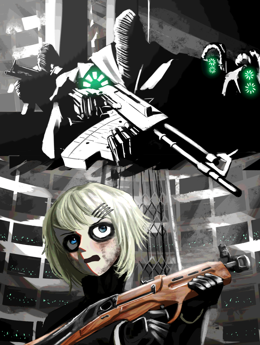 1girl absurdres aps_underwater_rifle bags_under_eyes black_coat blue_eyes bullpup coat dirty dirty_face gloves glowing gun hair_ornament hairclip highres holding holding_gun holding_weapon indoors ivantsg marie_(peripeteia) multiple_others open_mouth peripeteia short_hair tkb-011 topielec_(peripeteia) trigger_discipline weapon white_hair