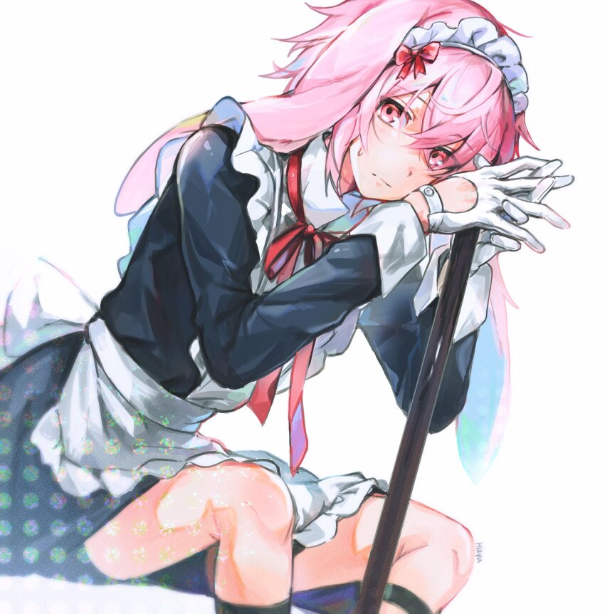 1boy alternate_costume animal_ears ansel_(arknights) apron arknights bow closed_mouth crossed_bangs enmaided frills gloves hair_between_eyes hair_bow highres long_sleeves looking_at_viewer maid maid_headdress male_focus pink_eyes pink_hair rabbit_boy rabbit_ears red_bow red_ribbon ribbon short_hair signature simple_background sitting skirt solo sweatdrop trap wed_(lim38869577) white_background white_gloves