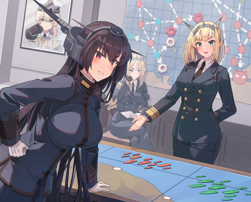 3girls alternate_costume black_hair black_necktie blonde_hair blue_eyes blue_jacket blue_pants breasts buttons collared_shirt double-breasted gloves headgear highres himeyamato i_want_you jacket kantai_collection large_breasts long_hair long_sleeves map medium_breasts military_dress_uniform military_uniform multiple_girls nagato_(kancolle) naval_dress_uniform naval_uniform necktie nelson_(kancolle) pants red_eyes rodney_(kancolle) shirt short_hair sitting standing very_long_hair warspite_(kancolle) white_gloves white_shirt