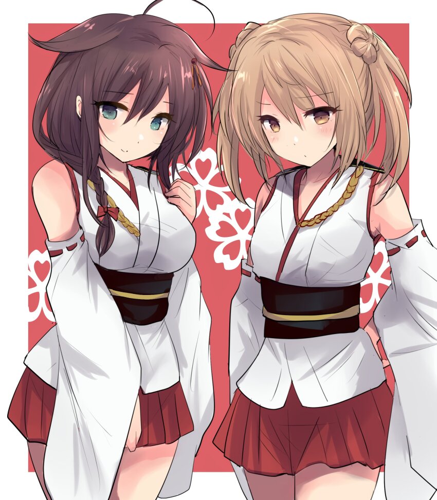 ahoge bare_shoulders black_hair blue_eyes blush braid breasts brown_eyes brown_hair cosplay detached_sleeves double_bun fusou_(kancolle) fusou_(kancolle)_(cosplay) hair_bun hair_flaps hair_ornament hair_over_shoulder hair_ribbon highres hirune_(konekonelkk) japanese_clothes kantai_collection long_hair long_sleeves looking_at_viewer michishio_(kancolle) nontraditional_miko obi pleated_skirt red_background red_skirt ribbon sash shigure_(kancolle) shigure_kai_ni_(kancolle) short_hair short_twintails single_braid skirt smile solo twintails white_background wide_sleeves yamashiro_(kancolle) yamashiro_(kancolle)_(cosplay)